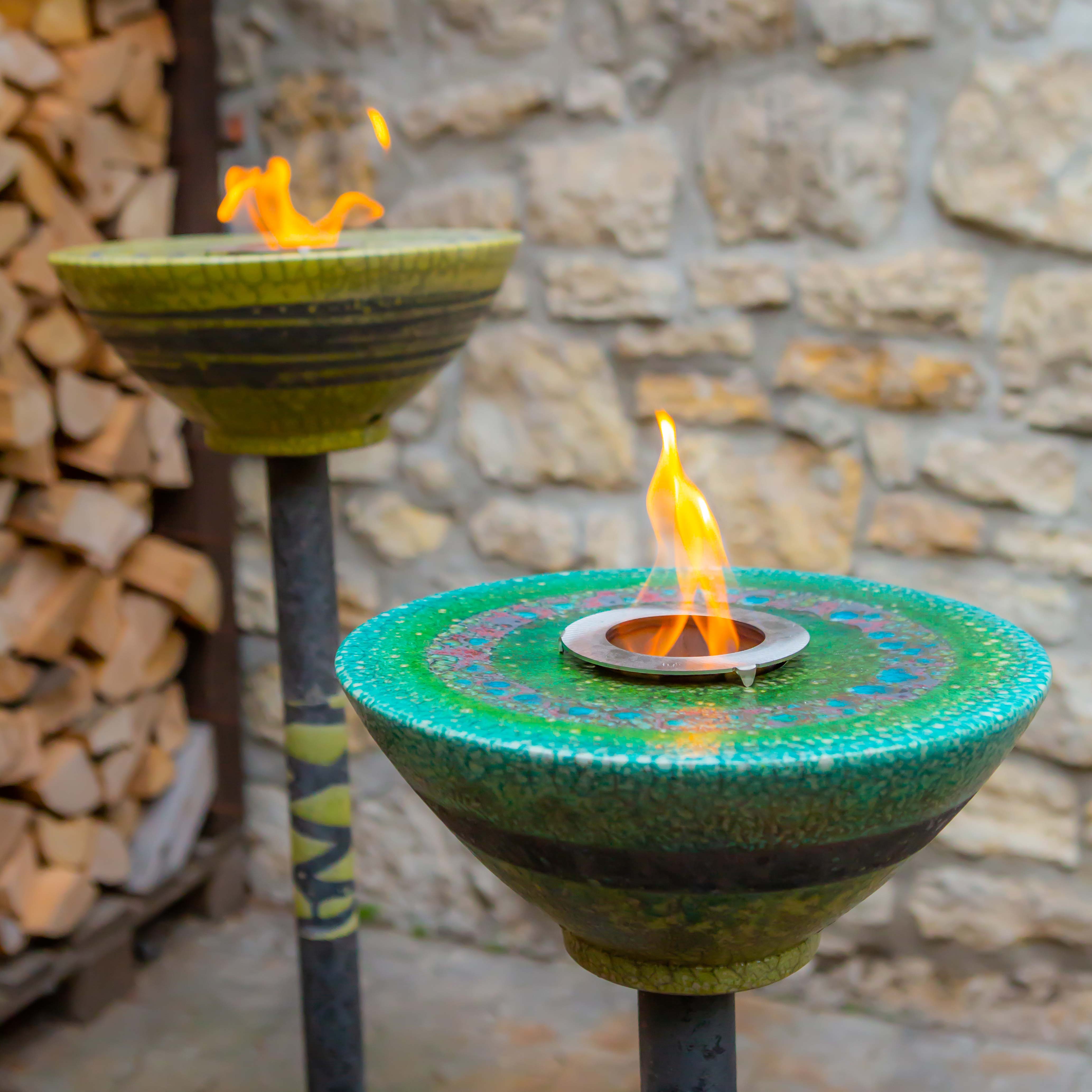Feuerschale mit Sockel Keramik | Gartenfackel  | Flammschale mit Sockel türkis/Grün 100cm
