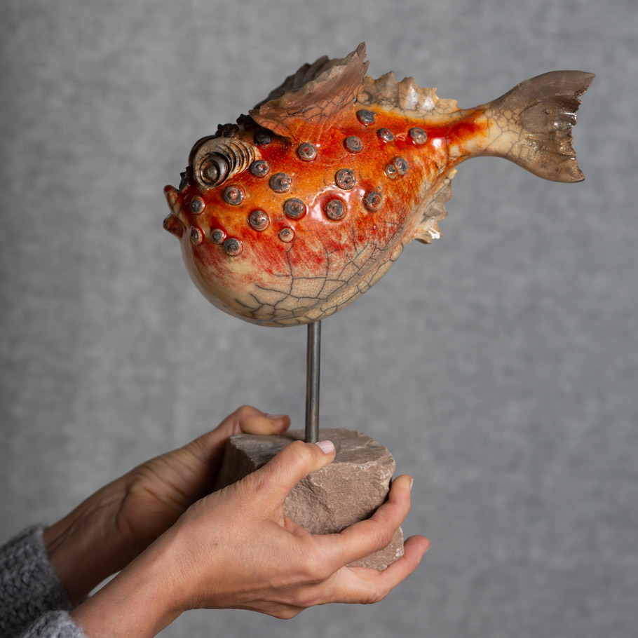 Keramik Fisch | Kugelfischlein rot/orange
