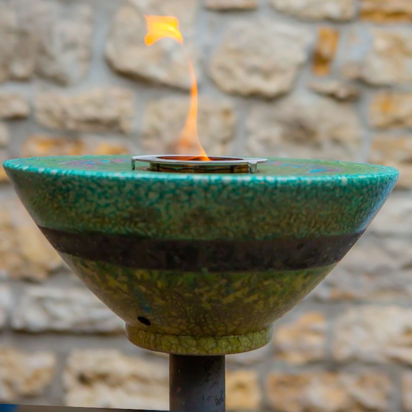 Feuerschale mit Sockel Keramik | Gartenfackel  | Flammschale mit Sockel grün 100cm