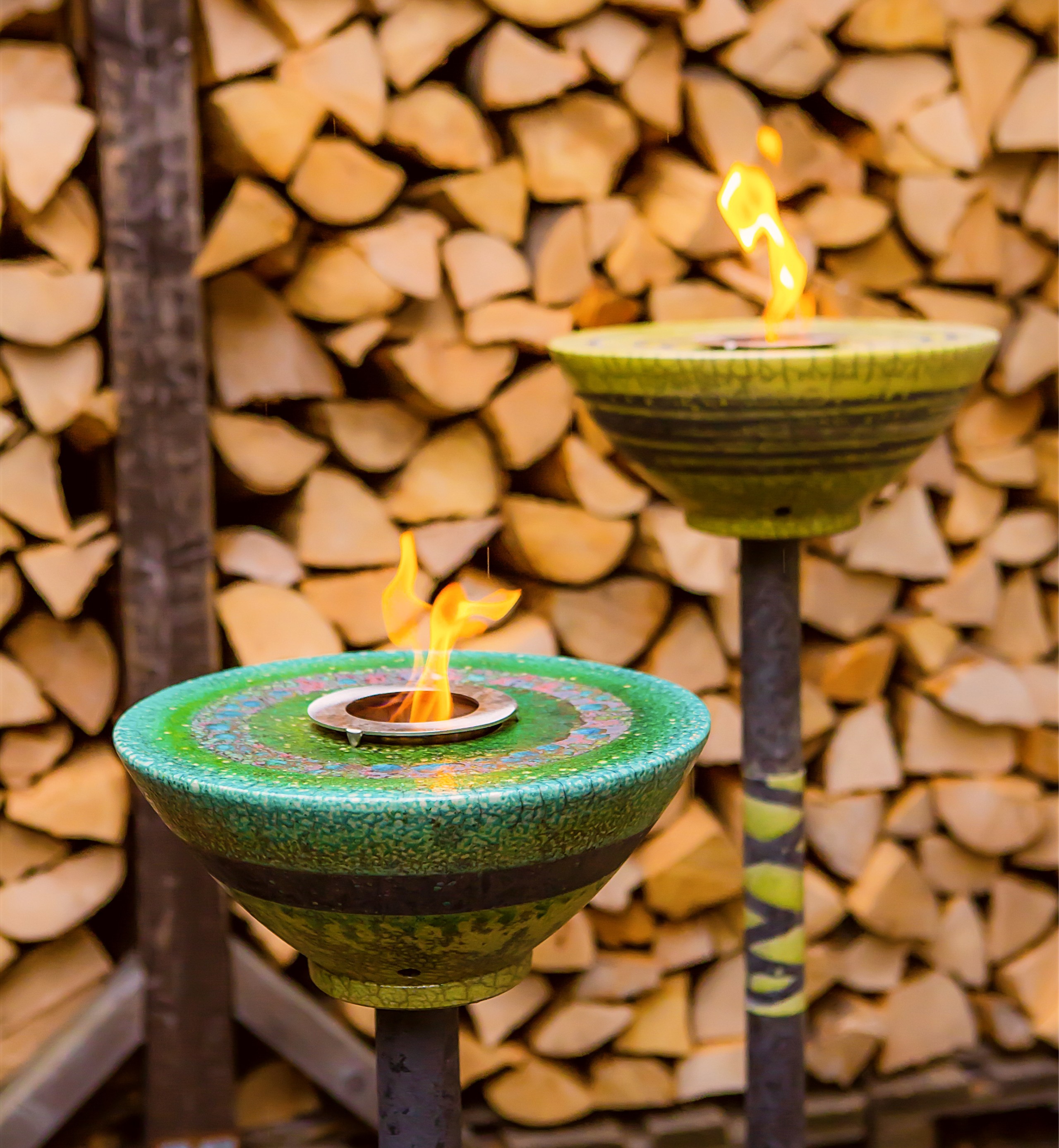 Feuerschale mit Sockel Keramik | Gartenfackel  | Flammschale mit Sockel grün 100cm