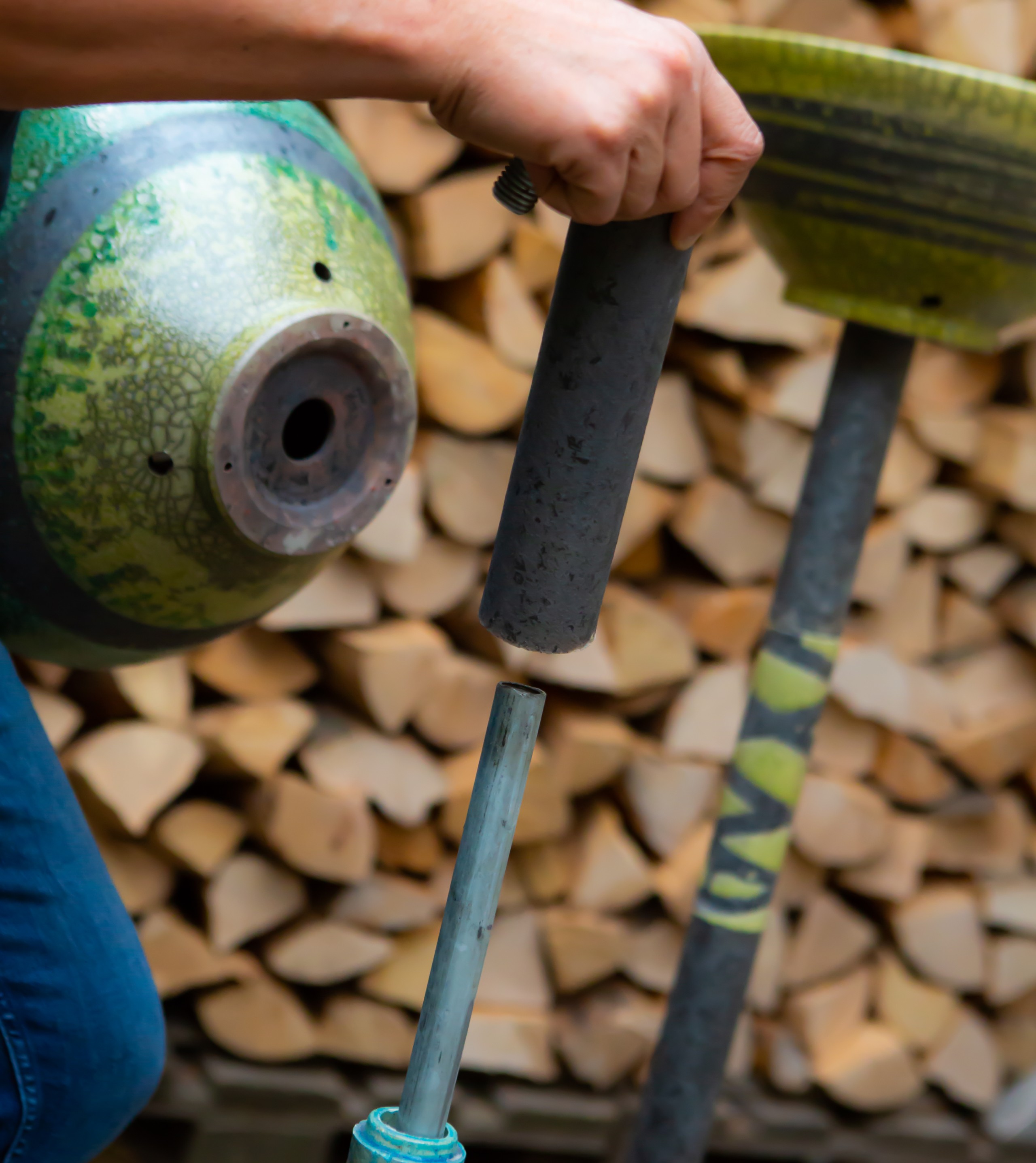 Feuerschale mit Sockel Keramik | Gartenfackel  | Flammschale mit Sockel grün 120cm