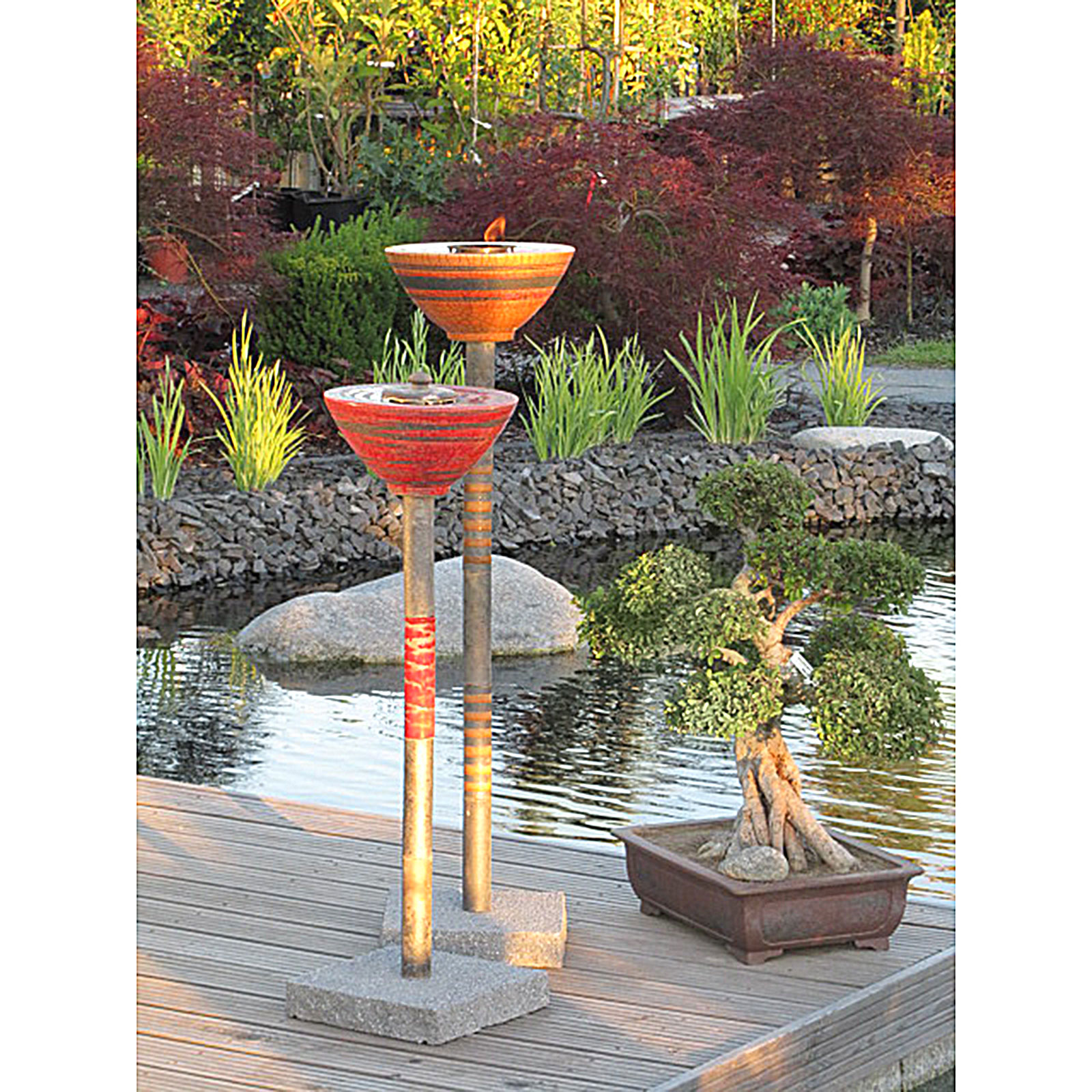 Feuerschale mit Sockel Keramik | Gartenfackel  | Flammschale mit Sockel rot/orange 120cm