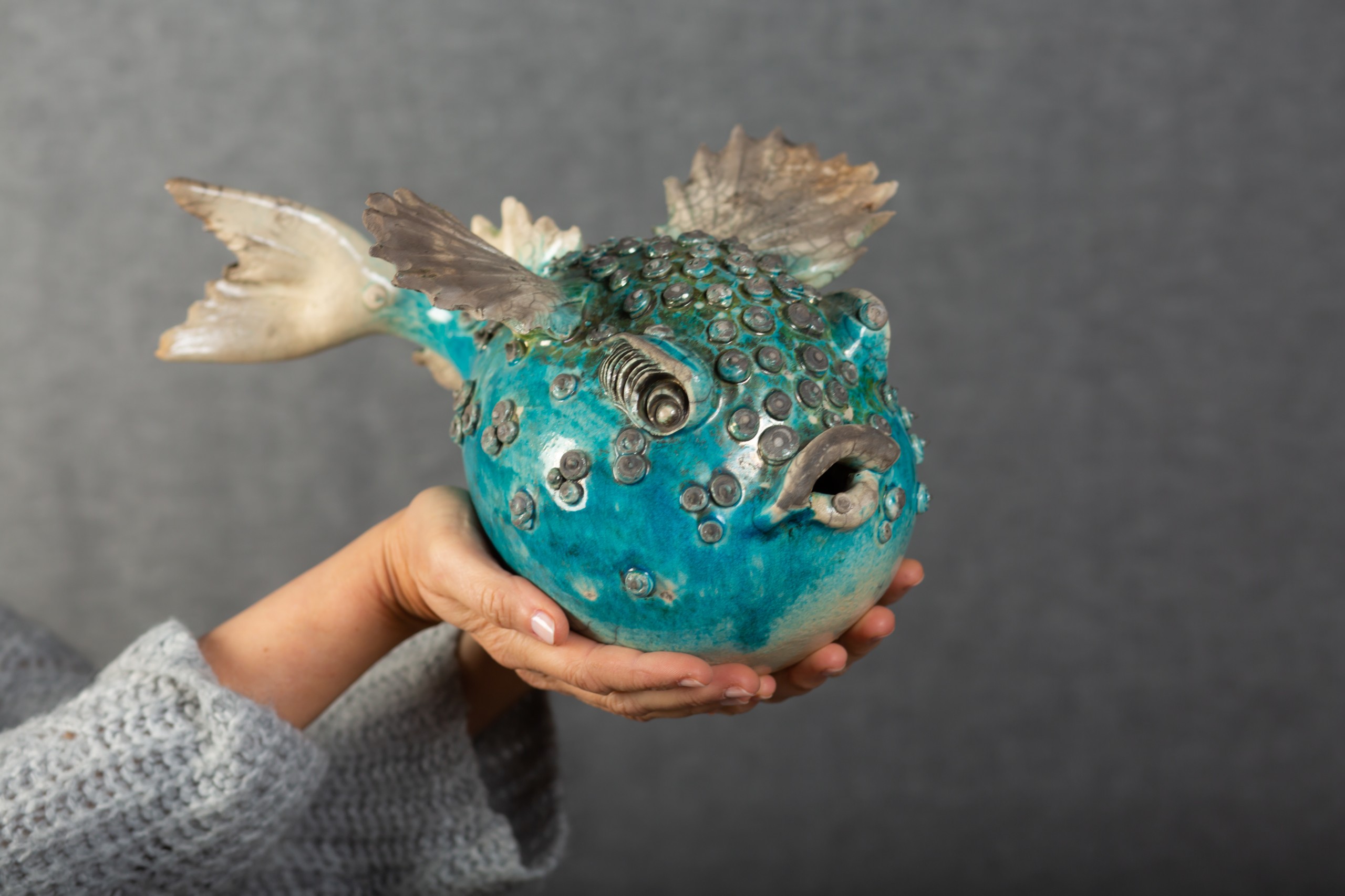 Keramik Fisch | Fugu Fisch | Kugelfische türkis/weiß