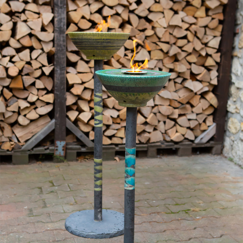 Feuerschale mit Sockel Keramik | Gartenfackel  | Flammschale mit Sockel türkis/Grün 120cm